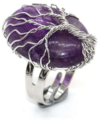 Namzi Handgefertigter natürlicher Ring, geeignet für Männer und Frauen, handgewickelter ovaler Ring, Lebensbaumring aus Naturstein, verstellbarer Öffnungsring (lila), Stein, Naturstein + Kupferdraht,