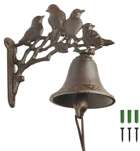 MrMrKura Hanging Dinner Bell Outdoor or Indoor, Vintage Cast Iron Bell Wall Mounted Bells Hand Shaking Door Bells with 4 Birds Pattern
