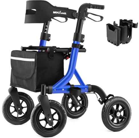 MAXWALK Rollator Faltbar und Leicht mit Sitz,25cm Reifen für All Gelände | Rollatoren Schmal für Wohnung,Integrierte Seilzugbremsung,Getränkehalter,Höhenverstellbare Aluminium Rollatoren für Senioren