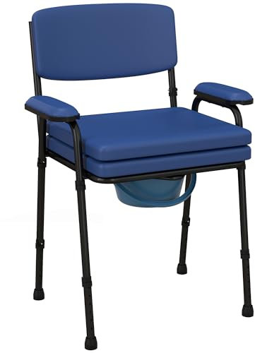 HOMCOM Sedia Comoda 5 in 1 per Anziani e Disabili, Sedia WC e Sedia per Doccia, Altezza Regolabile e Secchio Rimovibile, Capacità Peso 136 kg, 63x54x86-102 cm, Blu