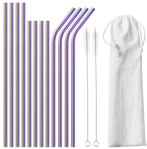 Gvolatee 12 Pcs Pailles en Acier Inoxydable 304, Paille Réutilisables, Paille Metal (8 Droites + 4 Courbées), Pailles Métalliques pour Cocktails, Thé, Café Glacé, Lait Glac, Milkshakes