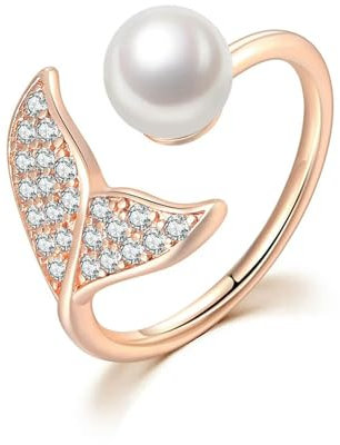 GWSGSFAS Verstellbarer Meerjungfrau Schwanz Ring für Frauen Öffnung Gold Farbe Zierliche Fairy Core Kristall Imitation Perlen Ring Zarter Trend Schmuck-10-R204