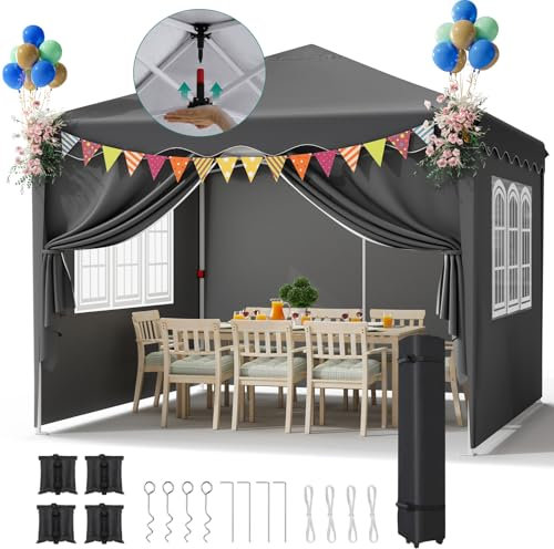 Pavillon 3x3,One Push Faltpavillon Wasserdicht Stabil,420D Oxford Pop up Faltpavillon 3x3 mit 4 Seitenteilen,Partyzelt UV Schutz 50+,Gartenpavillon mit Rolltragetasche,für Festival,Camping (Grau)