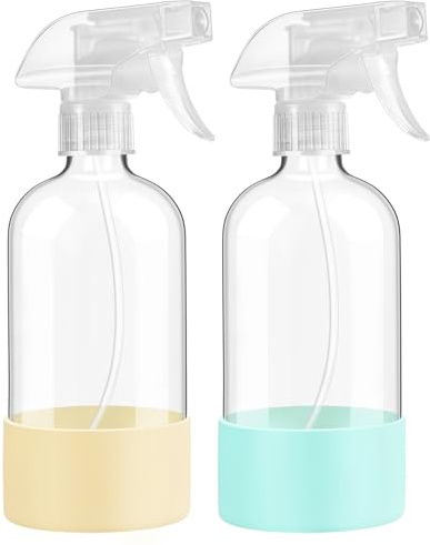 FANSTINOW Botellas de vidrio con protección de funda de silicona, botellas de spray reutilizables de 16 onzas con boquilla ajustable para cabello, soluciones de limpieza, plantas, paquete de 2