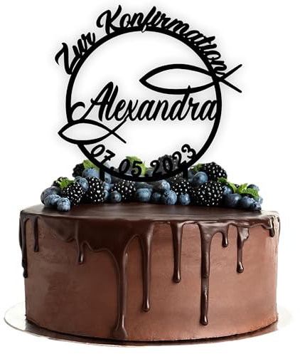 Acryl Cake Topper mit Wunschtext zur Konfirmation | personalisiert mit Namen und Datum | Tortenstecker Kuchendeko | schwarz | Kuchendekoration und Tortenschmuck 100% Made in Germany