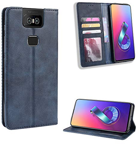 Jiajihua Coque Compatible avec ASUS Zenfone 6 ZS630KL Etui en Cuir PU Kickstand Portefeuille Fente pour Carte Fermeture magnétique Blue