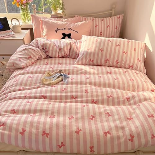 Covebett Bettwäsche 200x200 Weiß Rosa Gestreift Schleifen Bettbezug Set Microfaser 3teilig Kawaii Streifen Schleifenmuster Mädchen Deckenbezug und 2 Kissenbezug 80x80 mit Reißverschluss