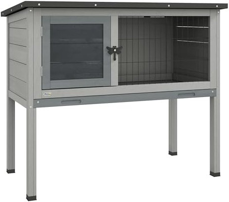 PawHut Hasenstall Kaninchenstall aus Tannenholz Winterfest Hasenkäfig mit aufklappbar Dach 84x43x70 cm Kaninchenkäfig Outdoor Kleintierstall für Hasen Kaninchen Meerschweinchen Grau