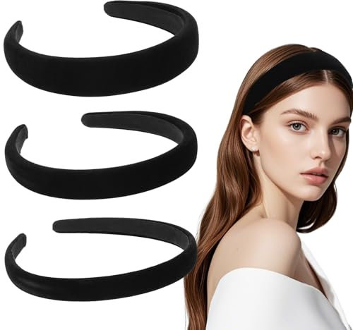 HJZHII Lot de 3 serre-têtes noirs - 3 tailles - Serre-tête pour femme - 1 cm, 2 cm et 3 cm - En velours - Solides et simples - Tendance - Pour filles et femmes - Cheveux fins