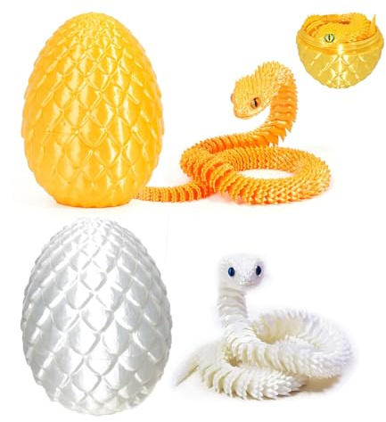 12'' 3D-gedruckte Schlange mit Ei - 3D-Schlangenfigur in Ostereiern Artikulierbare Schlange - Bürospielzeug für den Schreibtisch Fidget-Spielzeug - für Erwachsene und Kinder (White & Gold)