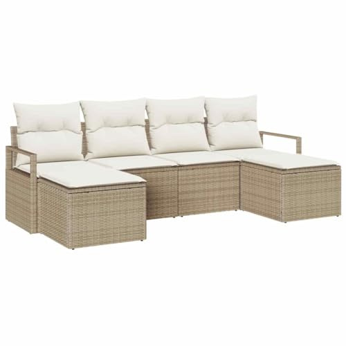 vidaXL Garten-Sofa-Set mit Kissen mit Speicher 6 pcs Beige und Creme, Stylisches Outdoor-Sofa-Set, modernes Rechteck-Design, modular, leicht, wetterfest, mit Stauraum