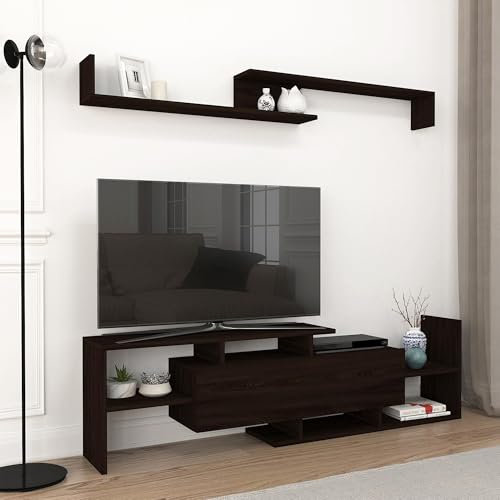 [en.casa] Juego de Muebles de Salón Liksefte Mesa para Televisor con Múltiples Compartimentos Estantes y 1 Puerta Mueble TV con Estantería de Pared Aglomerado 154x28x42cm - Negro