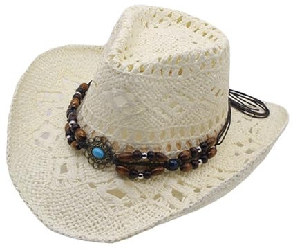 White Cowboy Hat, Cowgirl Hat Women/Mens, Wide Brim Straw Cowboy Hats, Breathable Hollow Out Western Sunhat for Women, Summer Beach Accessory for Travel Holiday, Straw Hats Men