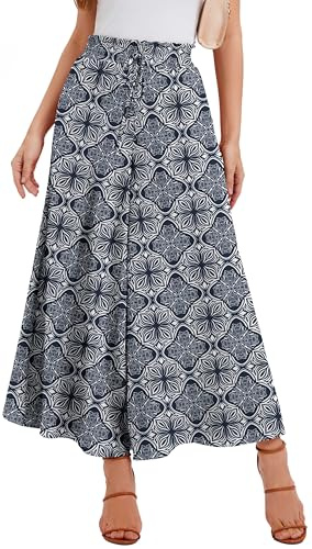WUWUSKY Jupe Culotte Femme Pantalon Large Taille Haute Pantalon d'Été Léger Infroissable de Plage avec 2 Poches pour Quotidien et Soirée, 02 Bleu/Symétrique, XL