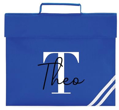 eBuyGB Personalised Book Bag with Name & Initial, Kids Back to School Bag, Unisex Nursery, Primary School Bookbag, Children's Name Music Folder (Blue)