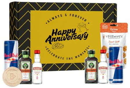 Jägermeister Happy Anniversary Set – Mini Spirits & Energy Drinks with Snacks | Miniature Alcohol Bottles | Gift Set, Gifts for Him, Her,
