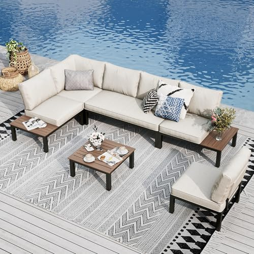 PHI VILLA Gartenmöbel Balkonmöbel Set 6 Teilig, Metall Lounge Möbel Outdoor Gartenlounge Set 6-Sitzer, Terrassenmöbel Modulare Möbel mit Verstärkten Kissen und Kaffeetisch, Beige