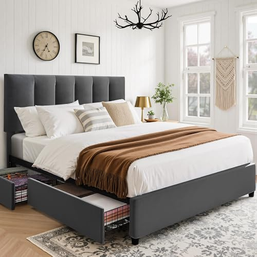 VECELO 4ft6 Double Bed Frame with 4 Storage Drawers, 135×190 cm Upholstered Platform with Adjustable Velvet Headboard, Wood Slat Support, No Box Spring Needed