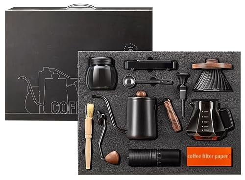 Juego completo de cafetera de 10 piezas, kit completo de preparación de café por goteo con hervidor, báscula, molinillo y accesorios, para los amantes del café, barista en casa, viajes y campamento