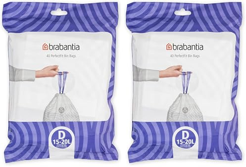 Brabantia PerfectFit Bin Liners (Size D/15-20 Litre) Thick Plastic Trash Bags with Tie Tape Drawstring Handles (40 Bags) (Pack of 2)