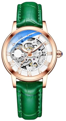 ROSEEONNE Armbanduhr Lässige, Hohle, mechanische Uhr, Leuchtend, wasserdicht, vollautomatische Uhr, Lederarmband, geeignet als Geschenk for Frauen Uhren
