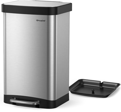 Lovewind 60L Mülleimer Küche, Pedal-Behälter mit Soft-Close Deckel, Aus Metall gefertigt, Mit herausnehmbarer Reinigungsschale, geeignet für den Innen- und Außenbereich, ideal für Küche und Büro, Silb