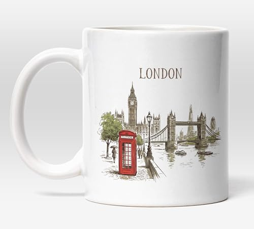 Millhouse Prints Ceramic Mug, London Skyline Theme, Coffee Tea, Travel Souvenir, 11oz, White, Microwave Safe