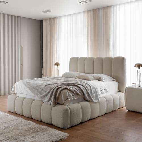 Home Collective Polsterbett Doppelbett Bubble Bett mit Stauraum viele Größen und Farben | Bettgestell mit Lattenrost weicher Bouclé Bezug mit Steppung | Schlafzimmer Möbel | Beige 120x200 cm