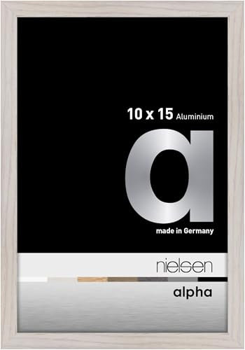 nielsen Bilderrahmen, 10 x 15 cm, Aluminium, Eiche Weiß, Fotorahmen zum Auftstellen und Aufhängen im Hoch- & Querformat, Echtglas, Alpha