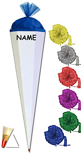 Schultüte - Rohling - Weiß/Blau - 85 cm - incl. Namen und Schleife - mit Holzspitze/Filzabschluß - Zuckertüte Roth - zum Basteln, Bemalen und Bekleben Bas..