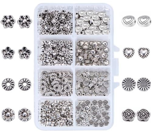 PH PandaHall 400pcs 8 Stile Tibetische Antik Silber Abstandshalter Perlen Blume Perlen Herz Perlen Tibetische Legierung Metall Perlen Abstandshalter für Armband Halskette Schmuck Herstellung, 5.5~7mm