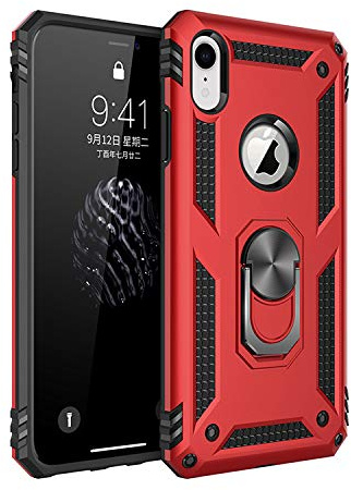 BestST Funda para iPhone XR + Protectores de Pantalla,con Anillo Soporte,2in1 Dura PC + Suave TPU Silicona Carcasa Híbrido Armadura Bumper Case Cover para Apple iPhone XR Rojo