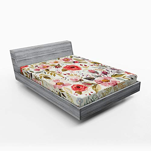 ABAKUHAUS Bunt Spannbetttuch, Abstrakte Blumen Rosen, Soft Dekorativer Stoff Bettwäsche Rund-um Elastischer Gummizug, 160 x 200 cm, Mehrfarbig Rosa