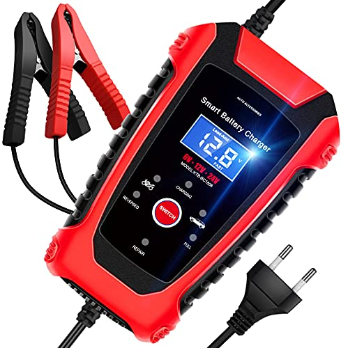 Autobatterie Ladegeräte 6A 6V/12V/24V Vollautomatisches Intelligentes Batterieladegerät mit Mehrere Schutzschichten Mehrere Modi und LED Bildschirm für Auto und Motorrad