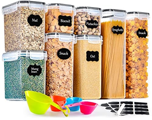 GoMaihe Botes Cocina, Juego de 8 Piezas de Recipiente de Botes Cocina Almacenaje de Plástico de Alimentos Sellados con Tapa, Se Utiliza para Almacenar Cereales, Pasta, Arroz, Harina, Etc