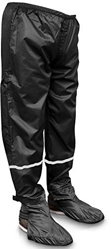 Rainrider - Pantaloni impermeabili per uomo e donna (nero) con copriscarpe pieghevole, abbigliamento da ciclismo resistente alla pioggia, pesca o come pantaloni da giardino (nero, XL)
