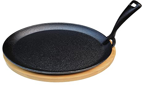 HAWOK Cast Iron Fajita Skillet Japanese Steak Plate (10x7) with Cast Iron Movable Handle and Bamboo Tray