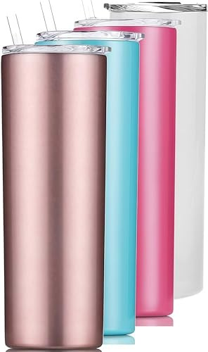 Gteller Double Wall 18/8 Stainless Steel Vacuum Slim Skinny Tumbler with Straw and lid, Insulated Travel Mug Keeping Beverage Cold and Warm (GD+BU+PN+WH, 4 pack-20oz)