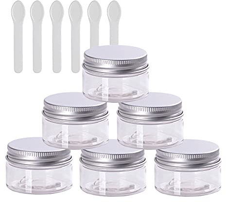 TIANZD 6 Pieces Empty 20ml Transparent Plastic Cosmetic Jars with Silver Screw Lid 20g Small Pot for Cosmetic Travel Homemade Cream Gel Lip Balm Salve Storage Containers+ 6X Spatula