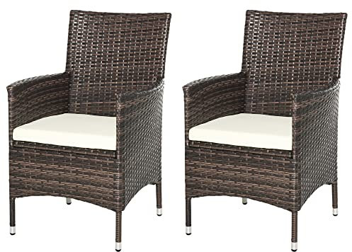 Outsunny 2 Pieces Outdoor PE Rattan Dining Chairs Set with Cushion, Garden Armchair with Armrests, High Backrest, Metal Frame Patio Wicker Furniture, Mixed Brown