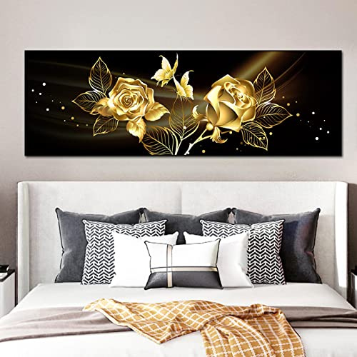 Großes schwarzes goldenes Rosen-Blumen-Schmetterlings-abstraktes Plakat-nordische Kunst-Pflanzen-Leinwand-Malerei-Wand-Bild für Wohnzimmer-Dekoration 70x210cm(28x83in) mit Rahmen