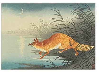 Japanisches Ukiyo-e Kunstdruck-Poster Woodblock - Kitsune Fox and Moon - Wanddekor (ungerahmt)