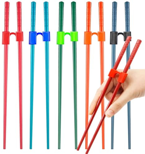 5 Paar wiederverwendbare Essstäbchen, Helfer, Training, Essstäbchen, Erwachsene, austauschbare Übung, Anfänger, Rechts- und Linkshänder, Fibergras, Essstäbchen mit Clip für Trainer