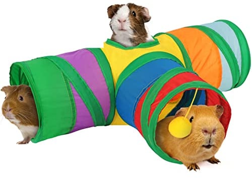 Rypet Guinea Pig Tunnel 3 Way Collapsible Small Pet Tunnels and Tubes with Interactive Ball for Baby Rabbit Ferret Hamster Chinchilla Hedgehog Hiding and Resting