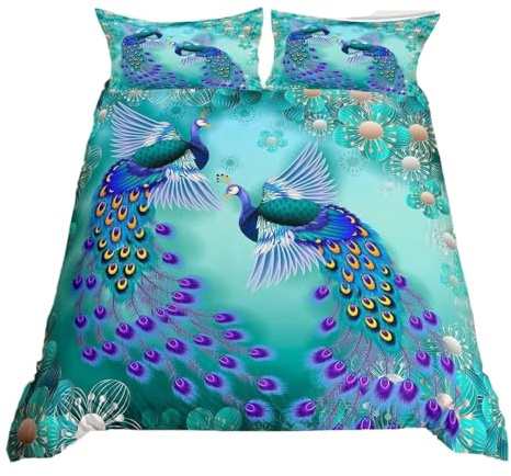 Peacock Comforter Cover Bohemian Duvet Cover Set Exotic Birds Animals Bedding Set Navy Blue Feather Teal Floral Fresh Natural Bedspread Cover With 2 Pillow Case Bedroom Decor Super King Pastel