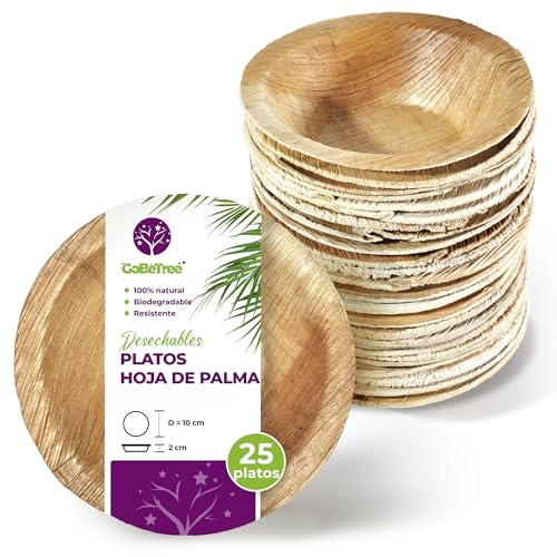 GoBeTree Platos Desechables de Hoja de Palma 25 Platos Redondos de 10 cm. Vajilla para barbacoas, picnic y Fiesta de cumpleaños, Similar al bambú, más fuerte que platos de papel