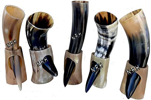 Nautical Replica Hub Viking Drinking Horn Cups | Viking Gift for Men 100% Natural Norse Goblet Ale Mead Beer Mug Wine with Stand 10oz (9-12) Set of 5