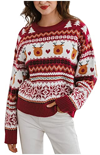 Pull de Noël Femme Drôle Flocons de Neige Sweat de Noël Pulls à Col Ras du Cou Pull à Manches Longues Pull Chemisier Tops Rayé Rouge Tricoté Pulls de Noël Pullover Chic et Élégant Déguisement de Noël