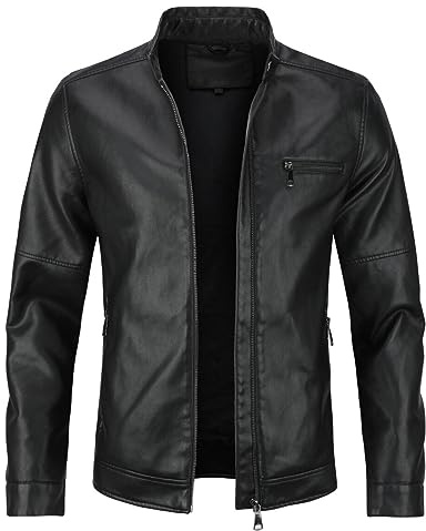 Sliktaa Chaqueta de hombre con cuero sintético con cuello alto, prenda de transición casual, estilo motociclista piloto, con cremallera, clásico, M