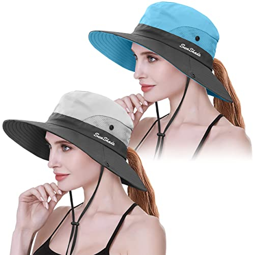 IYEBRAO 2 Stück Pferdeschwanz Sonnenhut Damen-UV Schutz Breite Krempe Sommerhut mit Nackenschnur-Sonnenschutzhut Strandhut Fischerhut Anglerhut Gartenhut Wanderhut Outdoor Hut (Beige+Blau, 2 Stück)